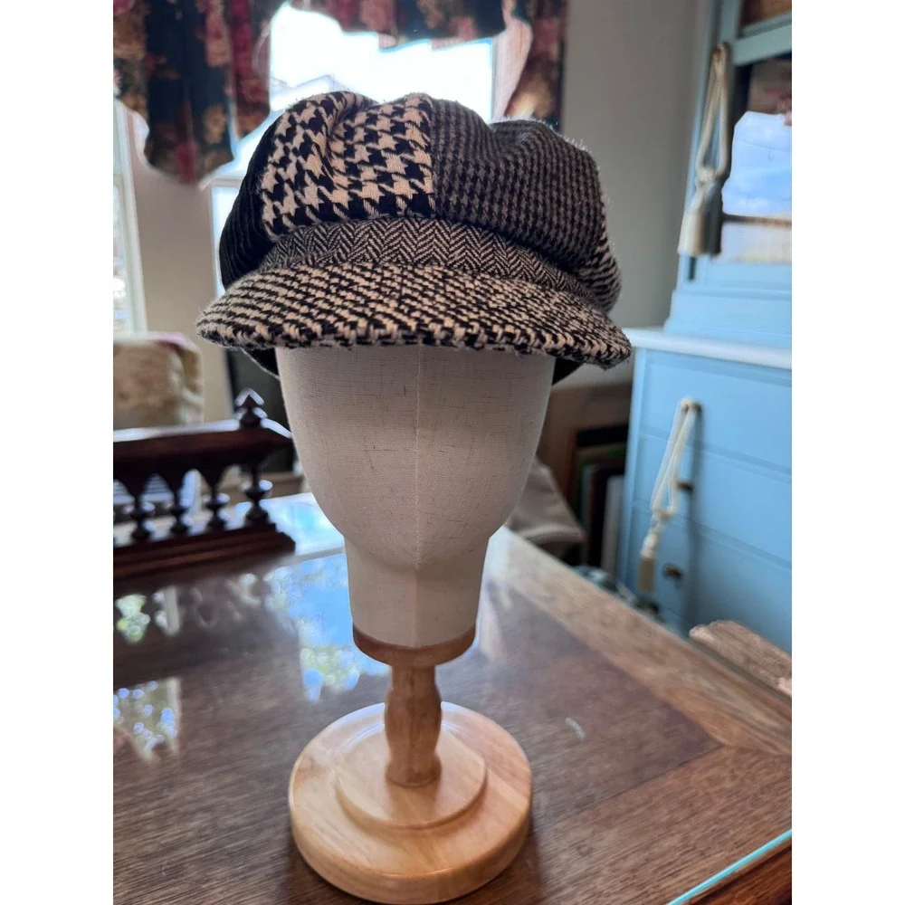 Cappelli Straworld Newsboy Cap Black White Houndstooth Patchwork Baker Boy Hat